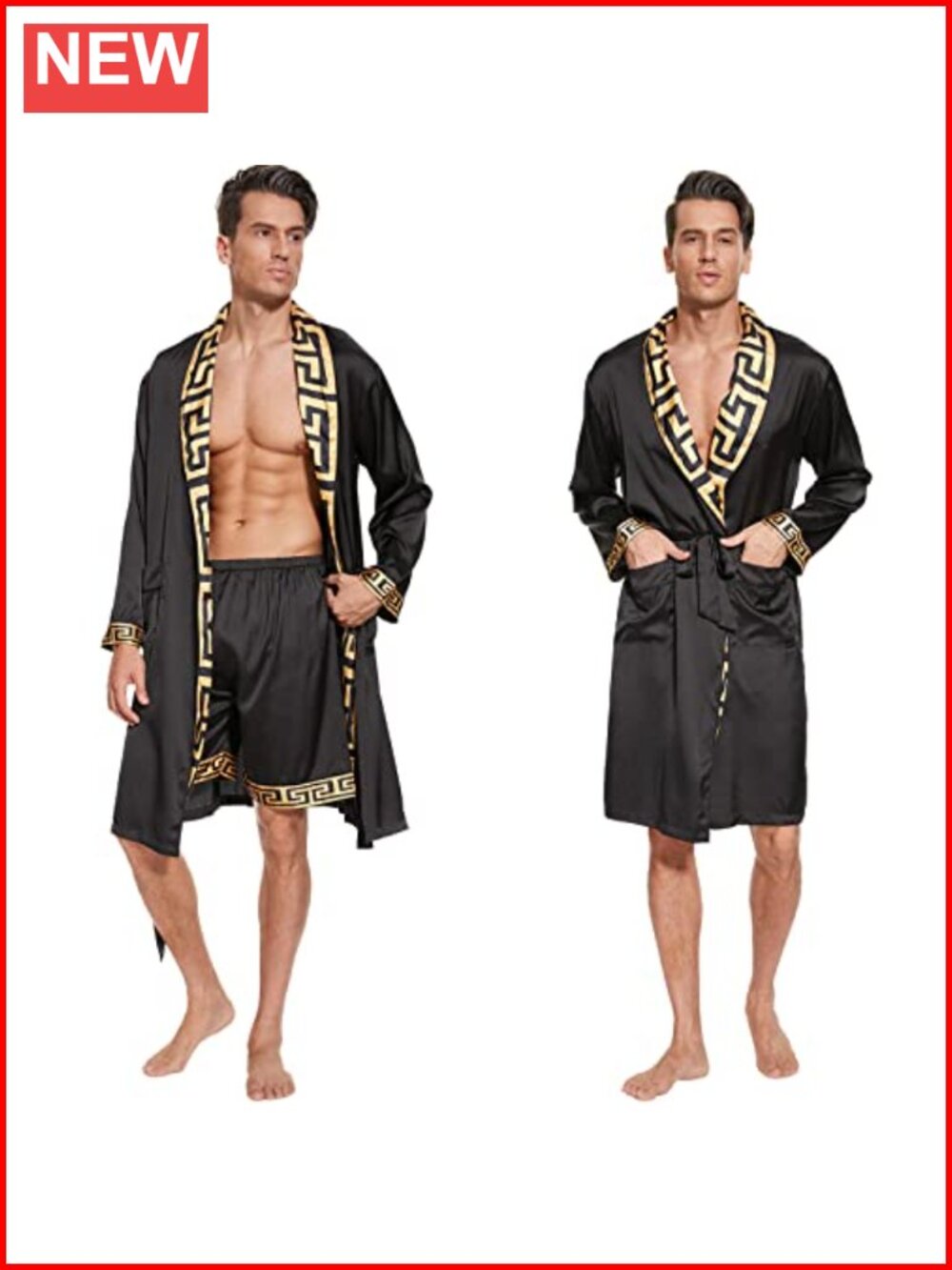 Men's Satin Kimono Robe and Shorts Sleepwear Set Long Sleeve V-Neck Luxury